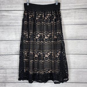 Metrowear Lace Maxi Skirt Black Over Beige Floral Design Size S